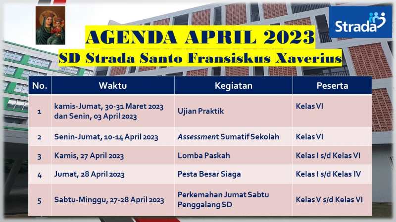 AGENDA APRIL 2023 – SD STRADA SANTO FRANSISKUS XAVERIUS